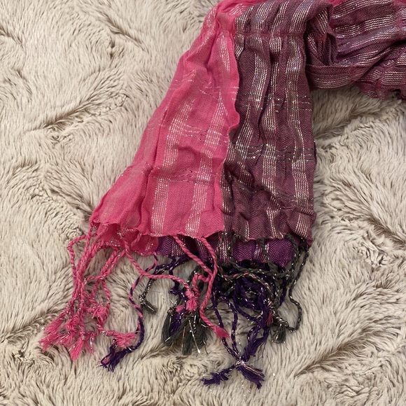 Elizabeth Gillet Pink & Purple Silver Metallic Scarf.  66” length - Picture 8 of 13